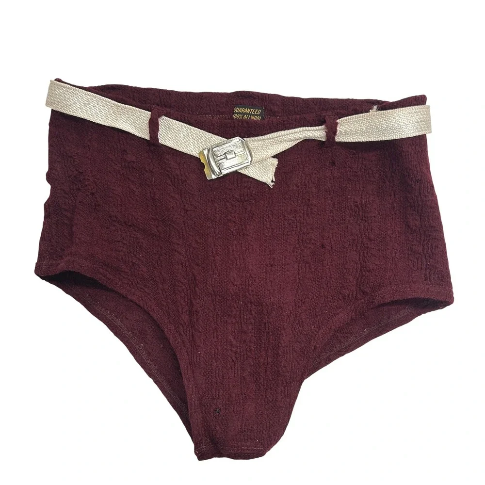 Vintage 1950s Wool Belted Swim Trunks Burgundy Bathing Suit Bottoms Rare